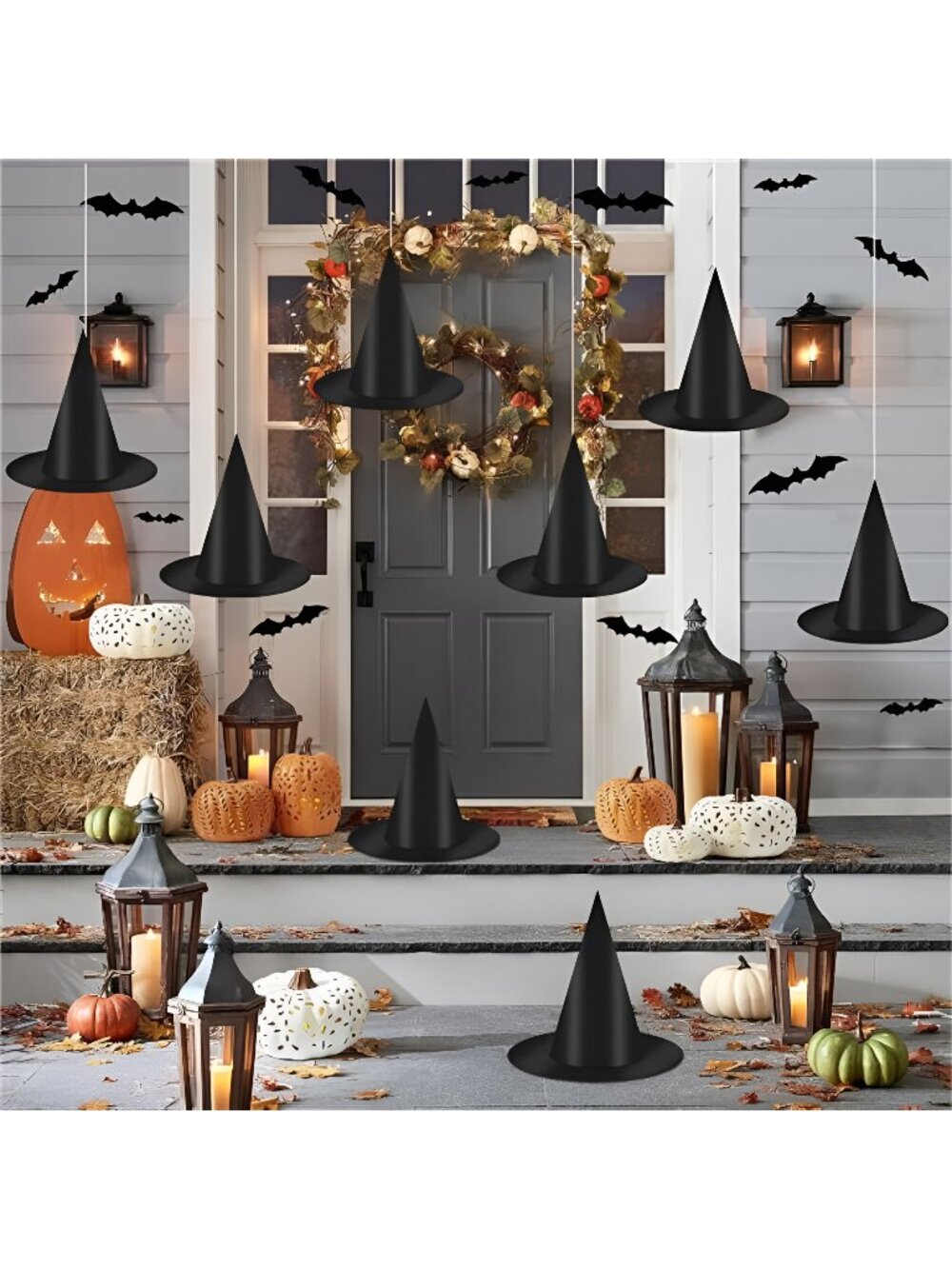 12 PCS Hanging Witch Hats Black/Pink, 16 PCS 3D Bats Stickers for Halloween